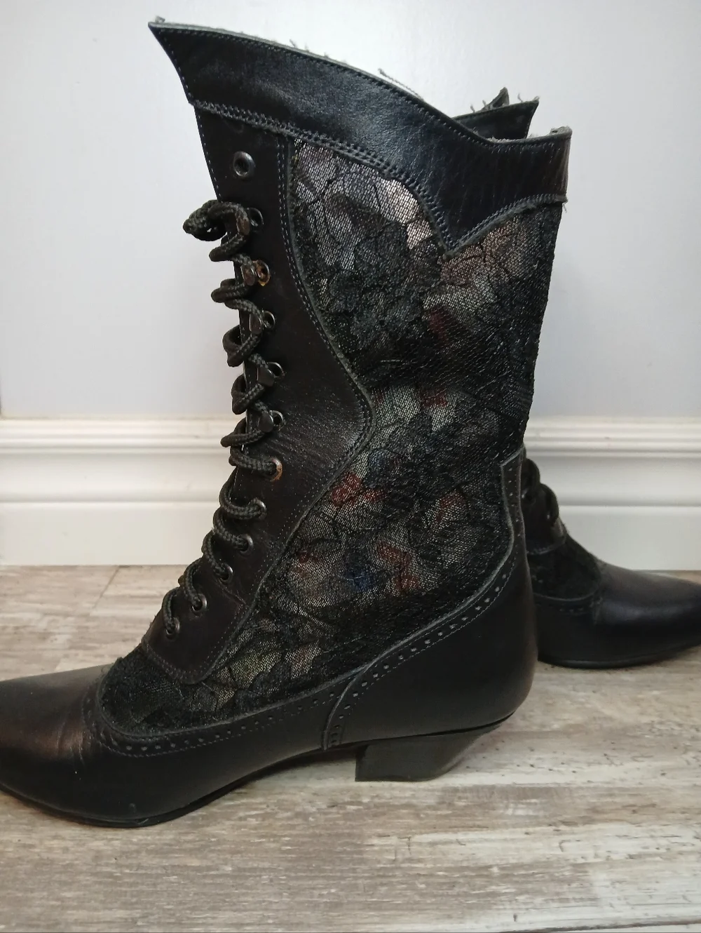 Whimsigoth Victorian Sheer Lace & Faux Leather Ankle Boots - Size 6 - Picture 3 of 11